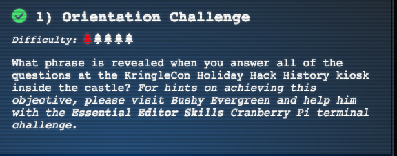 What phrase is revealed when you answer all of the questions at the KrigneCon Holiday Hack History kiosk?